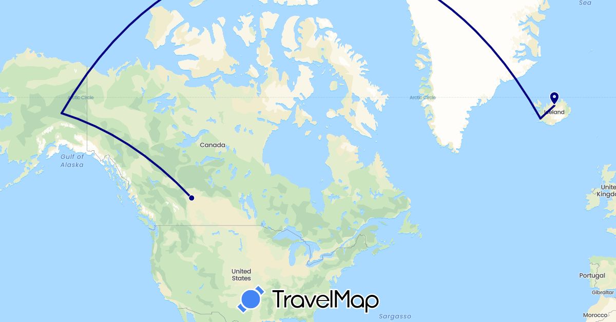 TravelMap itinerary: driving in Canada, Iceland, United States (Europe, North America)